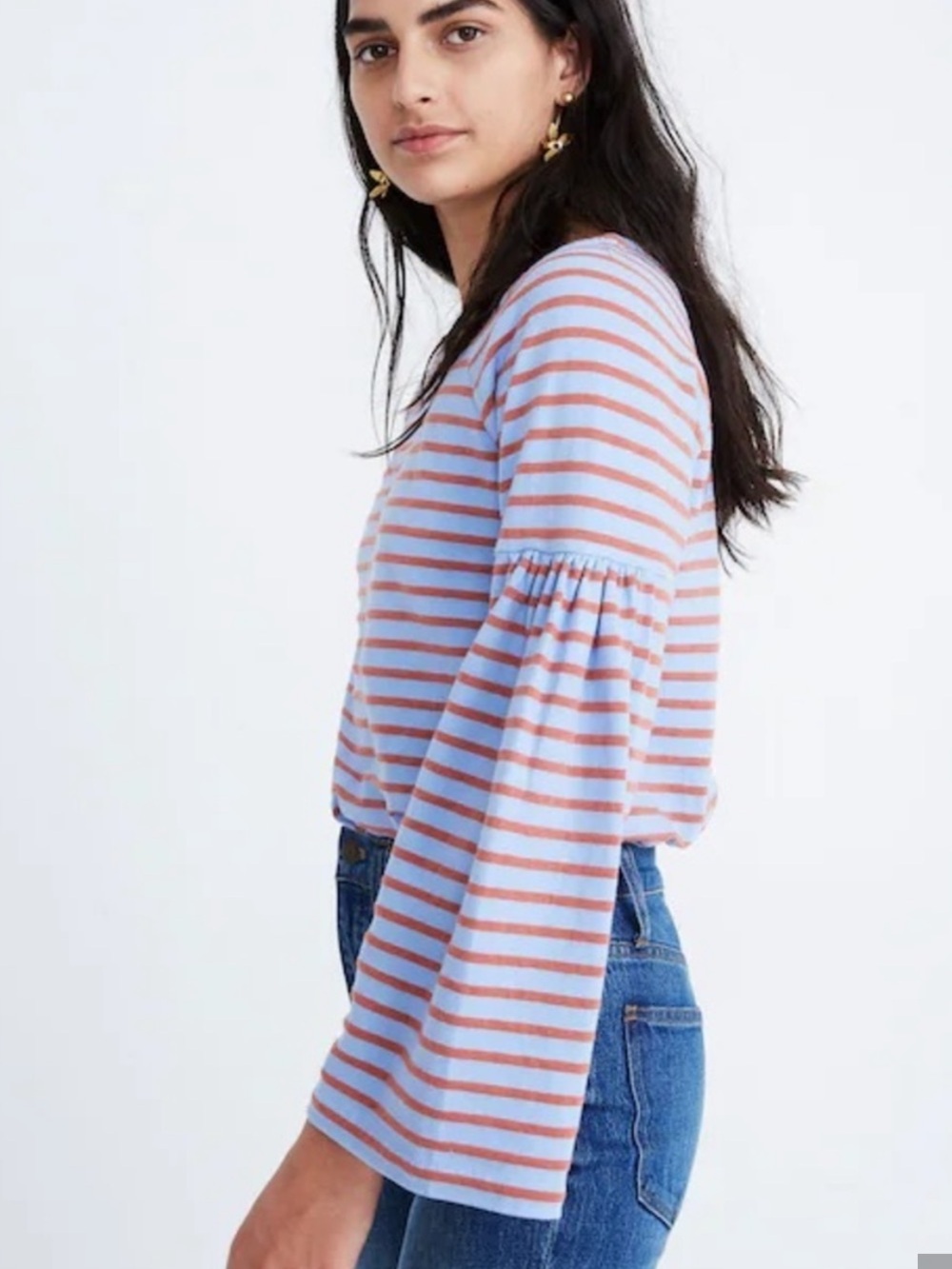 Madewell Light Blue and Rust Striped Bell-Sleeve Tee